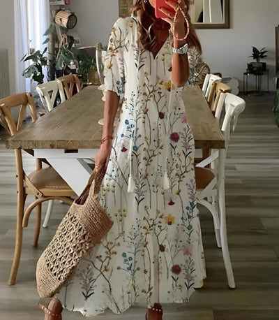 SOLEIA – BOHO VINTAGE V-NECK PRINTED DRESS