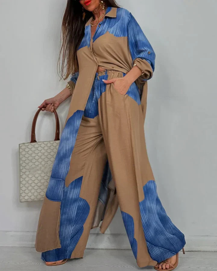 ALINA – PATCHWORK BLOUSE & WIDE-LEG PANTS SET