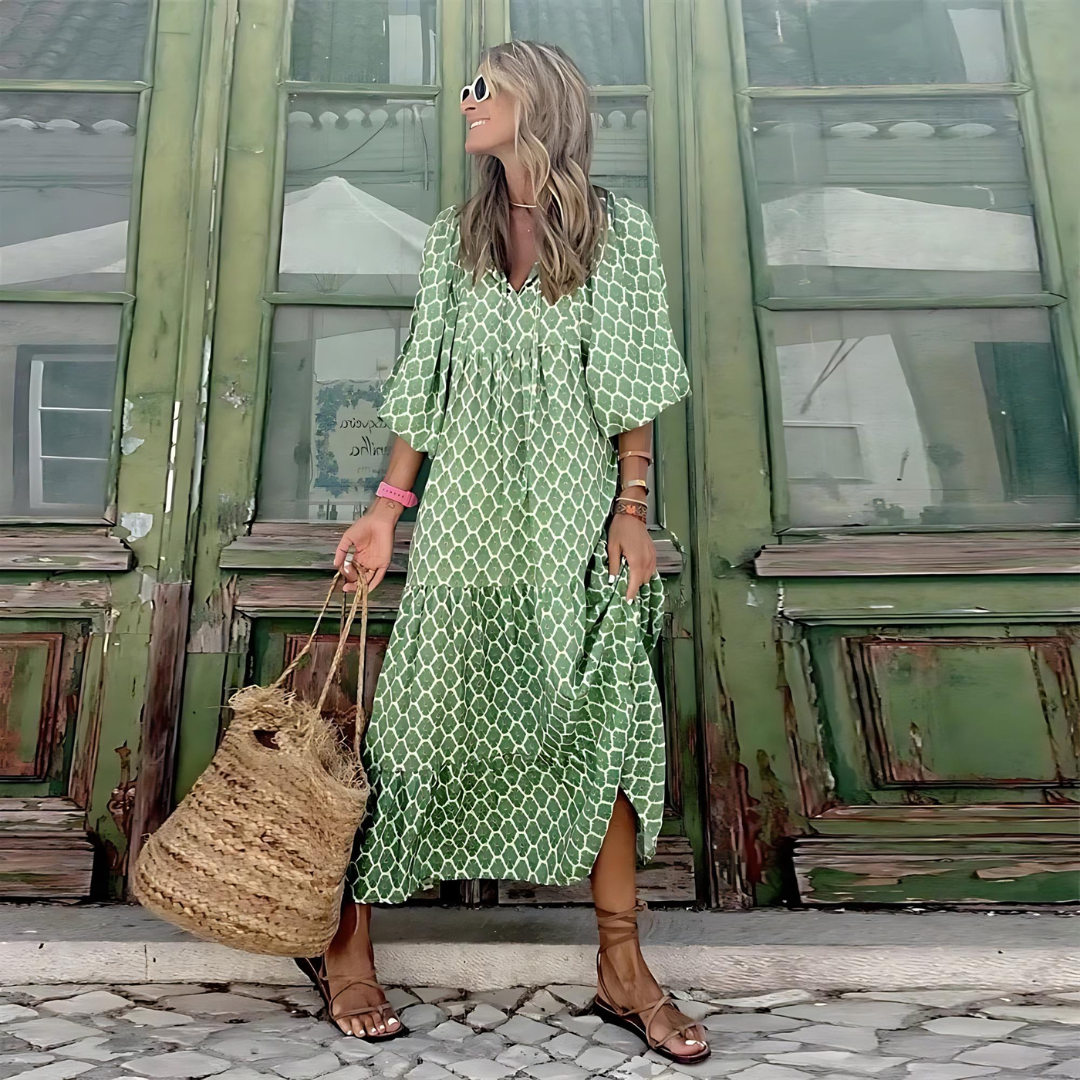 CASSIA – ELEGANT GEOMETRIC HIGH-LOW DAY DRESS