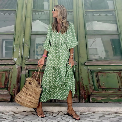 CASSIA – ELEGANT GEOMETRIC HIGH-LOW DAY DRESS
