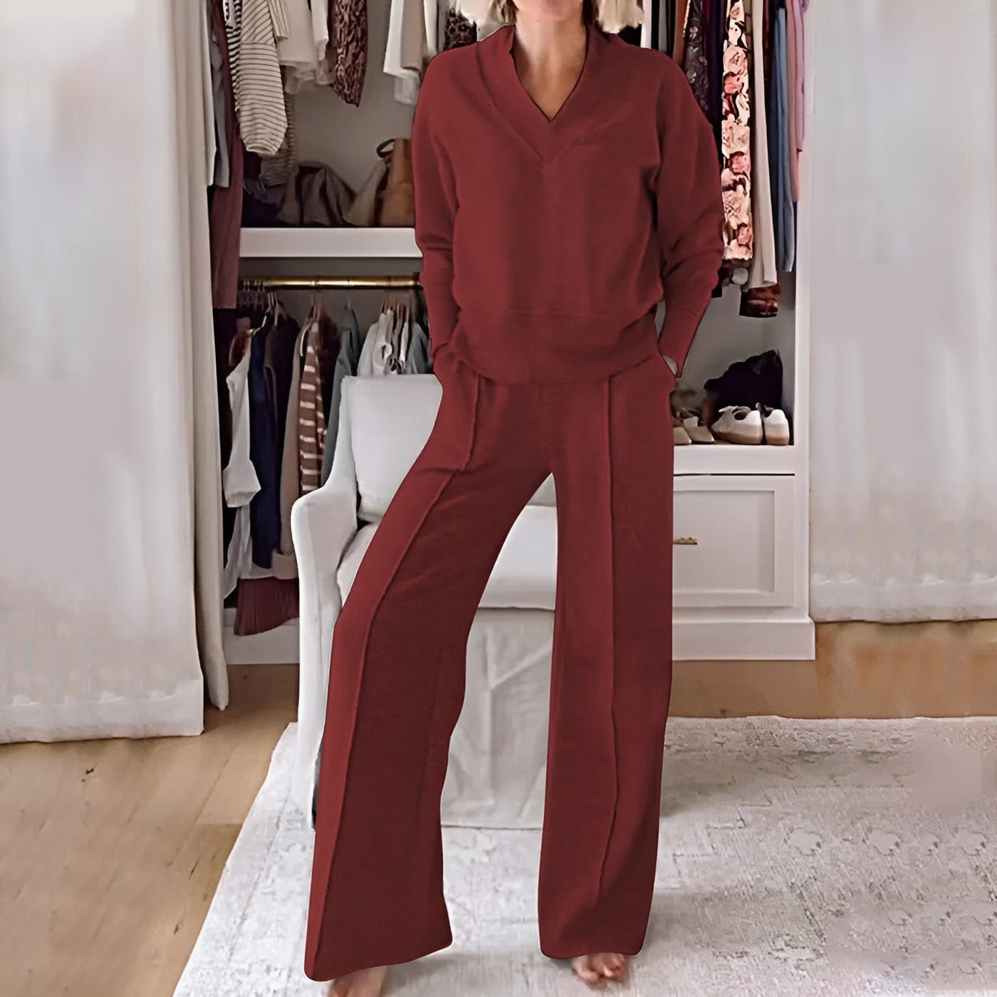 AMARIS – V-NECK SWEATER & WIDE-LEG PANTS SET