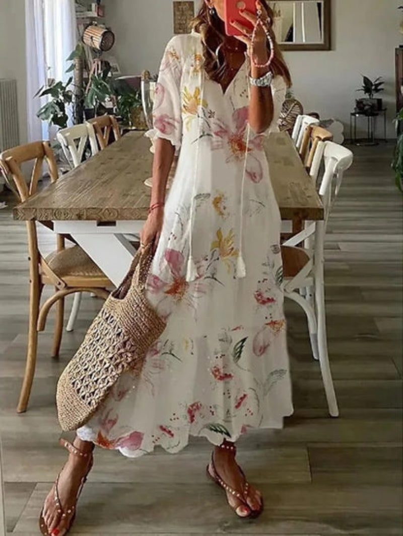 SOLEIA – BOHO VINTAGE V-NECK PRINTED DRESS