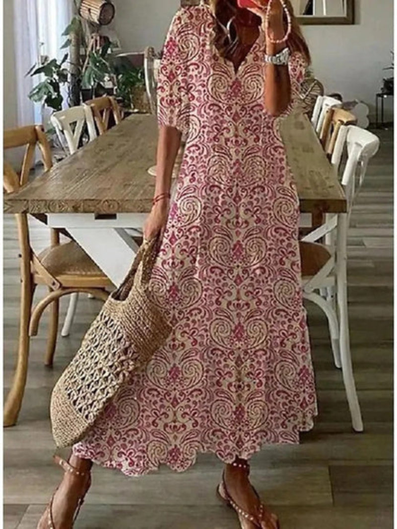 SOLEIA – BOHO VINTAGE V-NECK PRINTED DRESS